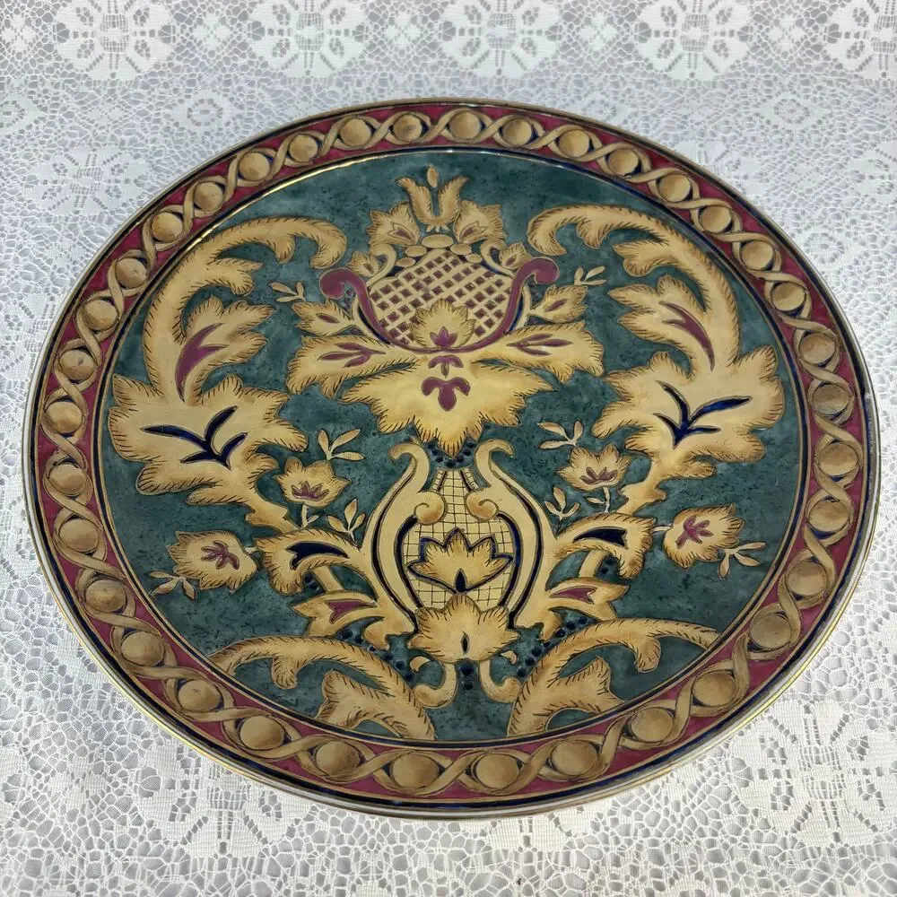 Vintage Oriental Accents Decorative Charger Plate Raised Gold Floral Teal 10.5